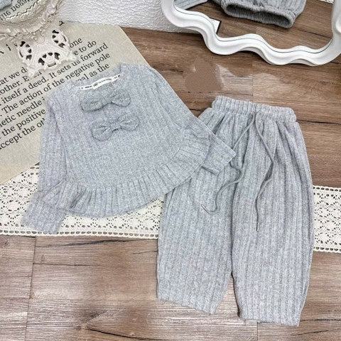 BT744- Bộ len lông nơ trước màu trơn 3 màu bé gái