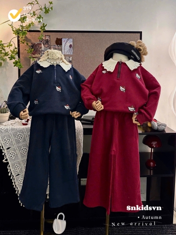 BT754- Bộ nỉ hai da cô gái phối cổ len hoạ tiêt thêu cao cấp