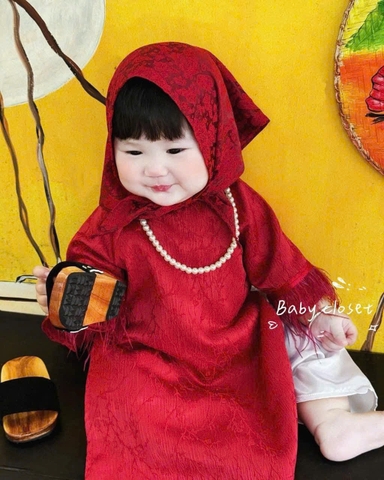 SETKID08-Set áo dài trai/gái tặng kèm mấn màu đỏ