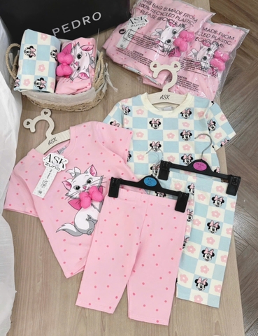 CB204-COmbo 2 bộ thun cộc tay bé gái xanh hồng hoạ tiết mèo mickey