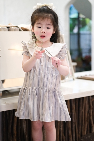 DAM18-Đầm suông kẻ đuôi cá nơ rời mẹ con 2 lóp cất kẻ tằm