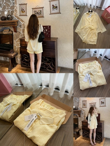 SET1011- Set áo somi vàng mơ phối quần cộc đũi TẶNG KÈM ÁO 2 DÂY