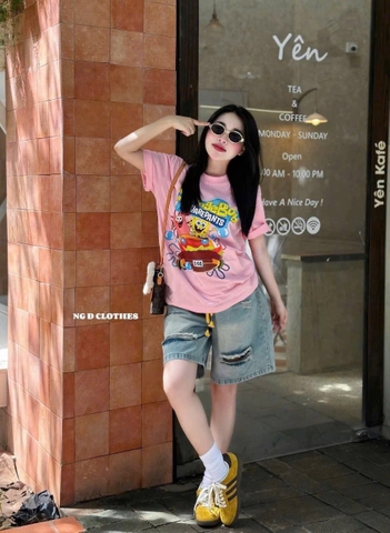 SET691- Bộ áo phông BỌt BIỂN mix quần jeans ngố rách gấu