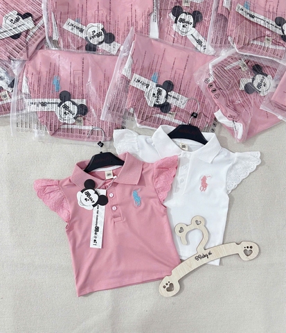 cb208-COmbo 2 áo thun cộc tay bé gái cổ bẻ trắng hồng thêu ngực