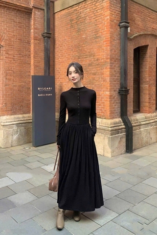 Dam185- Váy midi đen dài phối cúc cộc tay