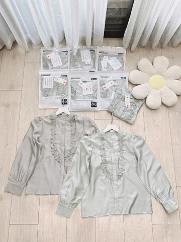 A136-Áo sơ mi nữ voan tơ bèo cổ 2 màu xanh xám