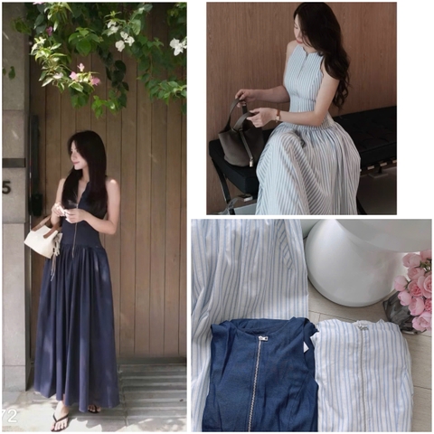Dam196-Váy xoè sát nách khoá trước 2 lớp màu kẻ và xanh than