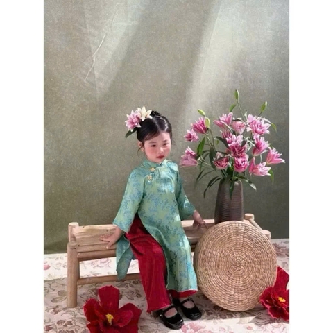 Bt809- Bộ áo dài bé gái màu xanh NHƯ Ý  cúc chéo