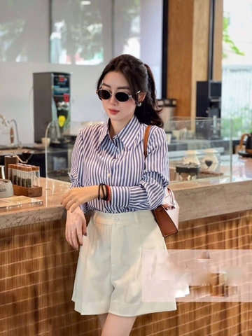 SET718-Set áo sơ mi kẻ xanh phối quần short ly