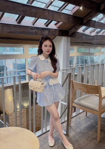 SET578- Set kẻ xanh cộc đính hoa nổi viền ren chân chất kẻ mát