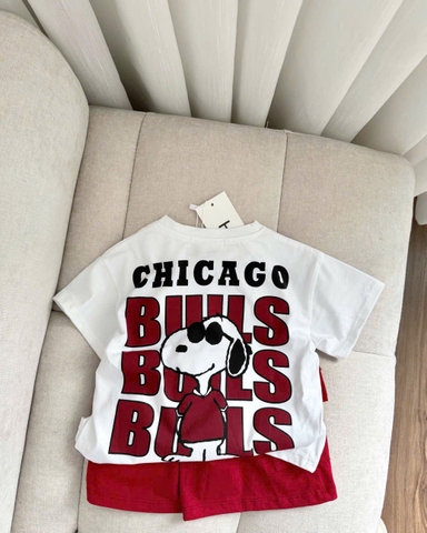 BT489- Bộ CHICAGO áo cotton trắng mix quần cua màu đỏ