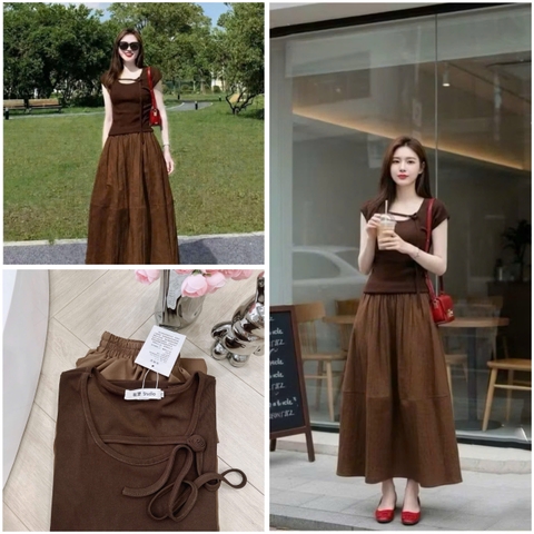 SET1006- Set áo cotton nâu đính hoa phối chân váy midi dài