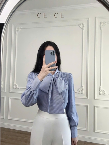 A135-Áo somi nữ kẻ xanh nơ cổ