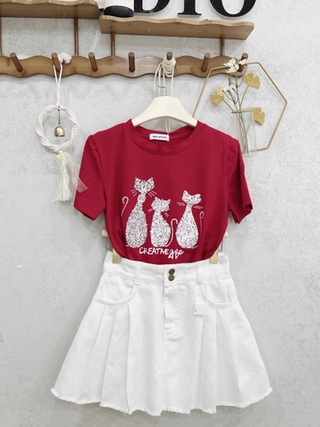 SET739-Bộ dạo phố áo thun Mèo đỏ phối chân váy jean trắng