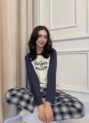 Set73-Set mặc nhà áo phối đen trắng quần kẻ