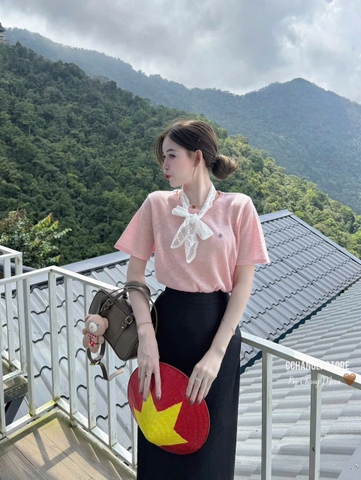 Set763- Set áo thun xước hồng phối chân váy midi đen Tặng kèm nơ ren