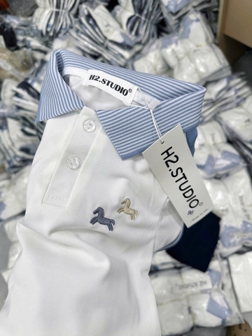 BT853-Bộ áo polo trắng phối quần short thêu ngựa cho bé 9-26kg