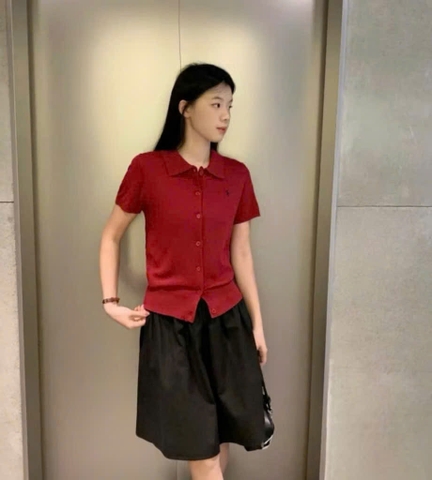 A534-Áo len cadigan dệt kim cộc tay đỏ có cúc hàng nhà máy đủ tem