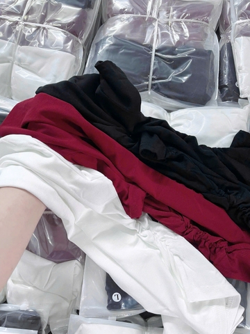 A477-Combo 3 áo thun nhún eo đỏ đen trắng vải díp mềm