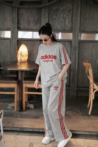 Set881-SEt áo ADD xám cộc phối quần suông viền đỏ