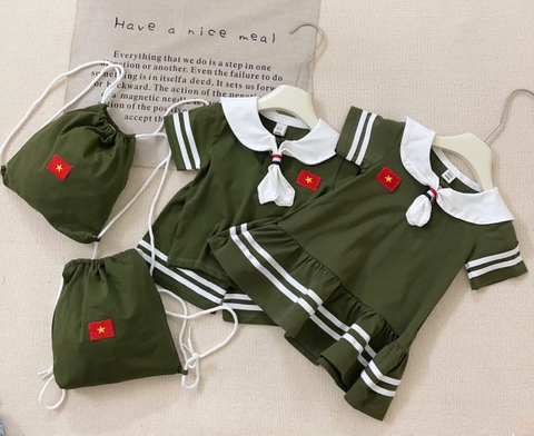 BT470- bộ/đầm trẻ em màu bộ đội chất cotton tặng kèm balo xinh