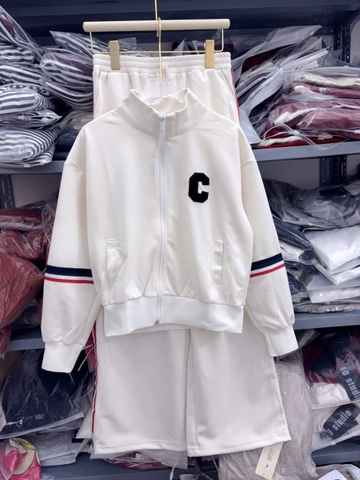 Set813- Set nỉ cua trắng đáp chữ C dáng dài quần bo