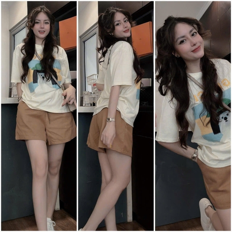 SET493-Bộ cộc  nữ áo thun suông Gc phối quần nỉ cộc