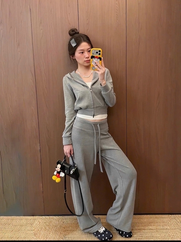 Set1052- Set áo nỉ xám có mũ phối quần suông TẶNG KÈM áo thun trắng