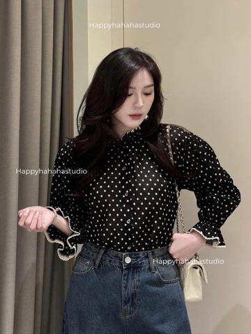 A138-Áo sơ mi nữ voan đen chấm bi vintage
