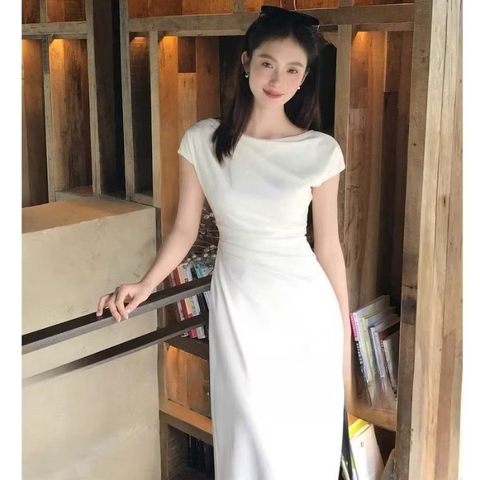 Dam178- Váy lụa dài sát nách xếp ly eo 2 màu xanh be