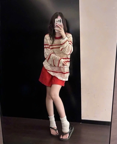 SET1033- Bộ mặc nhà mẹ con áo thun dài tay kẻ đỏ