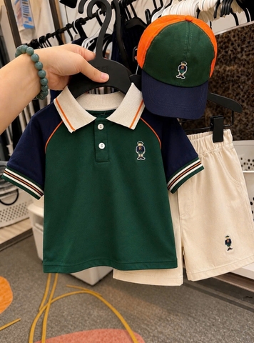 BT994- Bộ áo polo xanh lá phối vàng cho bé trai TẶNG KÈM MŨ