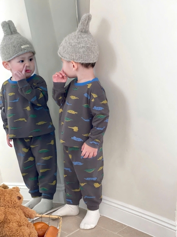 Bt678- Combo 3 bộ thun dài tay bé trai khủng long xanh