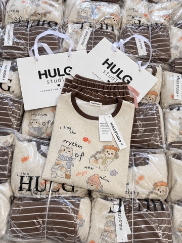 SET1078- Bộ mặc nhà díp lông áo in hình phối quần suông kẻ nâu