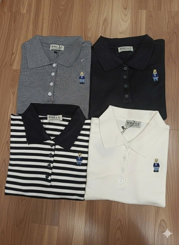 A471- Áo len dệt kim cộc tay cổ bẻ thêu gấu 4 màu hàng nhà máy đủ tem mác