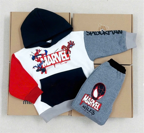 BN184 (9-26kg) Bộ nỉ thu đông dài tay bé trai Mavel phối màu có mũ VNXK