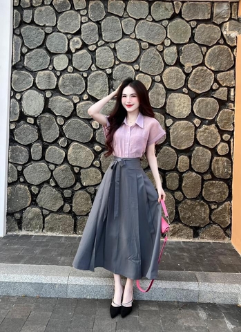 SET198-Set áo liên vạt hồng mix kèm CV màu ghi Quảng Châu