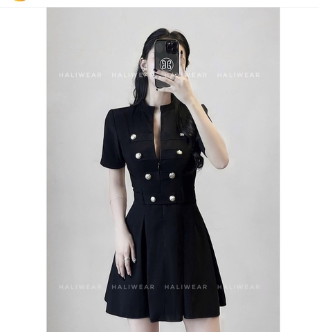 DAM013-ĐẦM ĐEN, TRẮNG  CÚC ĐỒNG CỔ TẦU ĐAI EO💎