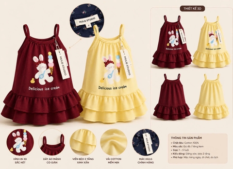 BT977- Combo 2 đầm dây vàng chất cotton in hình