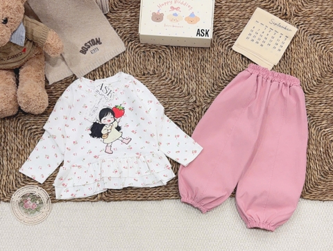 BT1080-Bộ áo hoa babydoll phối quần bo gấu hồng cho bé