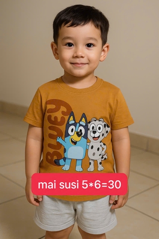 Bt548- Bộ áo côttn Blue cam đất mix quần cộc cạp chun