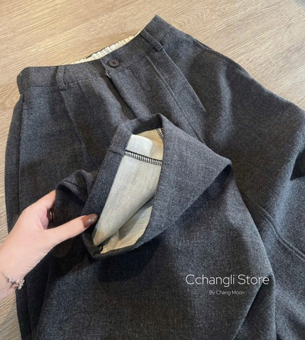 Quan091-Quần dạ xám cạp chun dáng suông