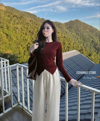 A366-Áo thun giấy dài tay xếp ly 2 màu đỏ đen