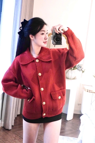 A414-Áo len cadigan đỏ cổ bẻ hàng nhà máy chuẩn