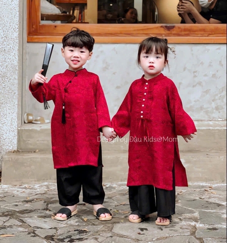 SETKID059- Set áo dài trai/gái đỏ quần lụa đen