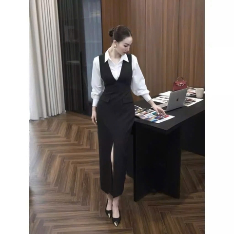 DAM131 -ĐẦM CÔNG SỞ ĐEN PHỐI SƠMI TRẮNG