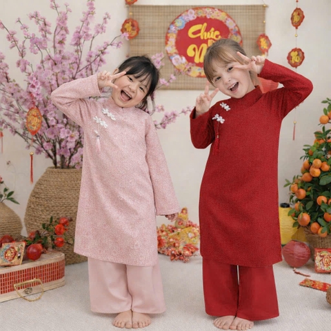 [KEM TUI] bt812- bộ áo dài ren thêu bé gái kèm túi đỏ-hồng