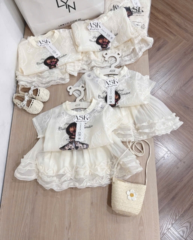 BT575- Set áo cô gái ren mix CV xoè bé gái màu trắng