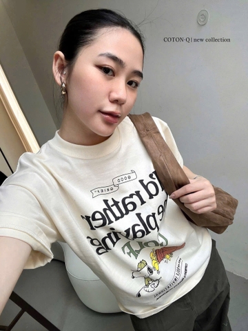 A493-Áo thun cộc tay màu be in chữ GOLF đủ tem hàng nhà máy