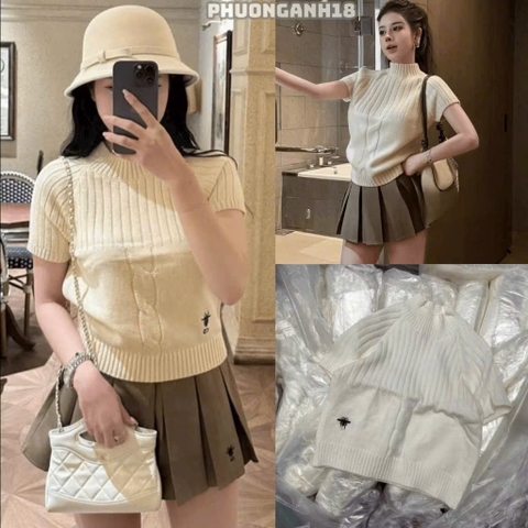 A533-Áo len dệt kim cộc tay trắng thêu hàng Quảng châu